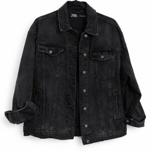 Zara Black Oversized Denim Jacket Distressed Hem
